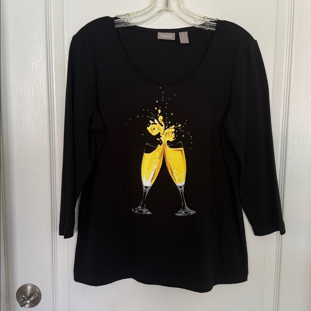 Chico’s Champagne Graphic Top Black 3/4 Sleeve Size 1 Medium